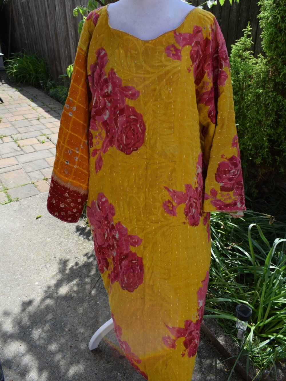 Handmade KANTHA Lounge Tunic Style Dress Free Size Boho Yellow & Pink Floral